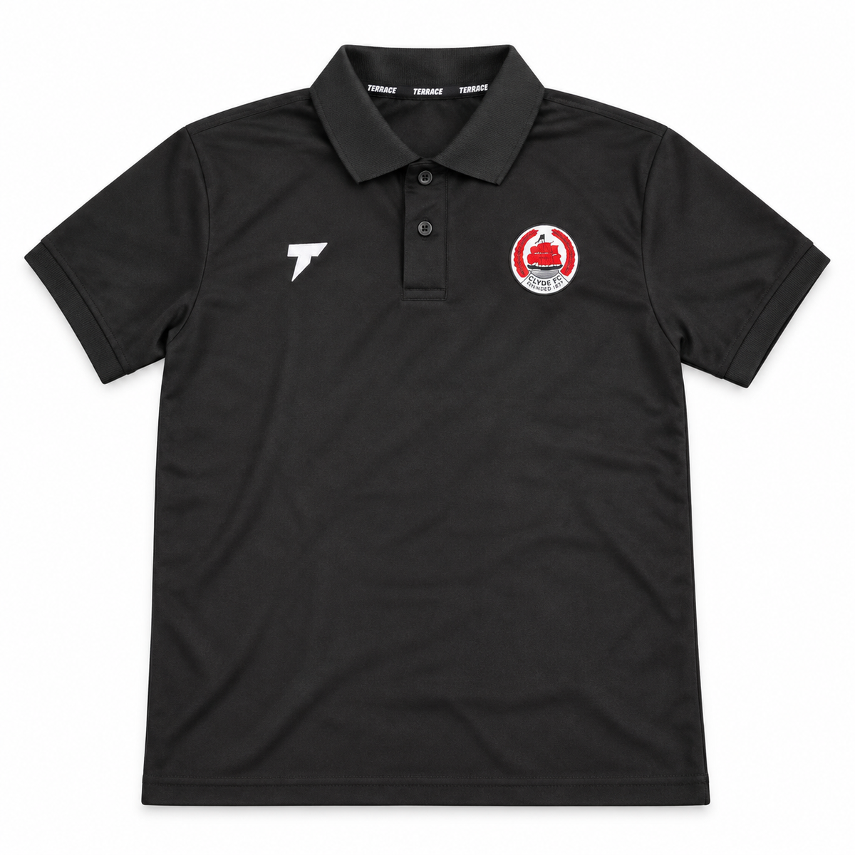 Black Clyde FC polo shirt by Terrace, featuring the club crest, white Terrace logo and two-button collar.