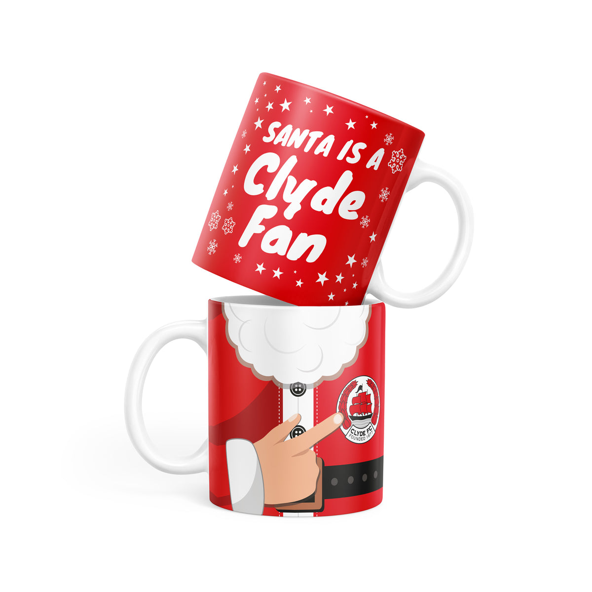 Clyde FC Santa Is a Clyde Fan Christmas mug showing the festive lettering and Santa design with the Clyde FC badge