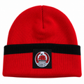 Clyde FC red and black beanie on white background