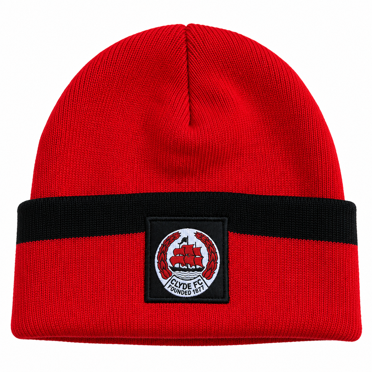 Clyde FC red and black beanie on white background