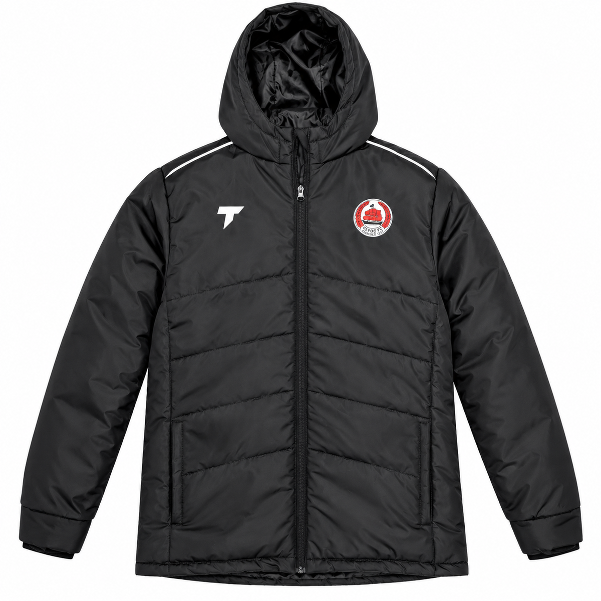 Black Terrace Clyde FC padded hooded jacket, studio product photograph on white background